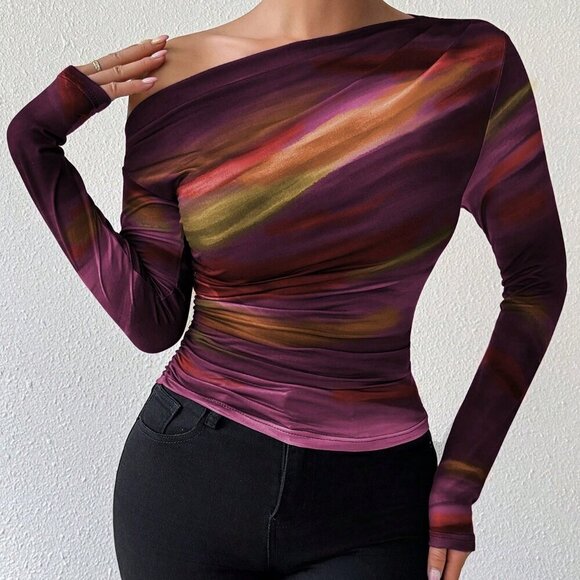 Casual Women's Marble Ombre Print Asymmetric Neck Fitted top - Picture 6 of 6